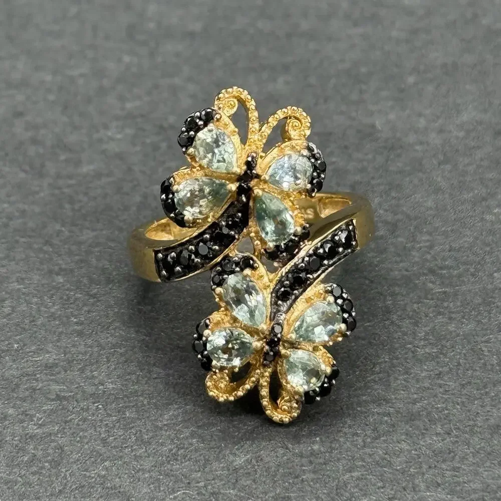 Signed STS 925 Sterling Silver Gold Plated Dual Butterfly Cocktail Ring Size 9